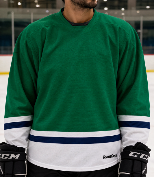 NHL Inspired Hockey Socks: Hartford Whalers Kelly Green — custom hockey socks worn on model — TeamGear Canada
