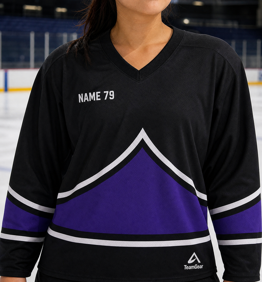 NHL Inspired Hockey Socks: Los Angeles Kings Black and Purple — custom hockey socks worn on model — TeamGear Canada