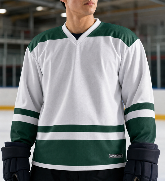 NHL Inspired Hockey Socks: Minnesota Wild White — custom hockey socks worn on model — TeamGear Canada