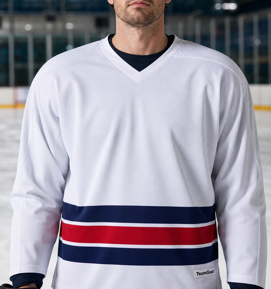NHL Inspired Hockey Socks: New York Rangers White — custom hockey socks worn on model — TeamGear Canada