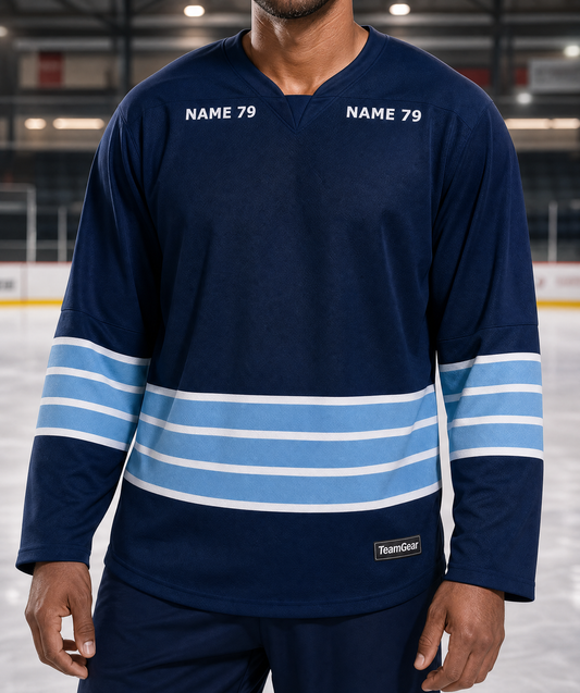 NHL Inspired Hockey Socks: Pittsburgh Penguins Navy 3rd Alternate — custom hockey socks worn on model — TeamGear Canada