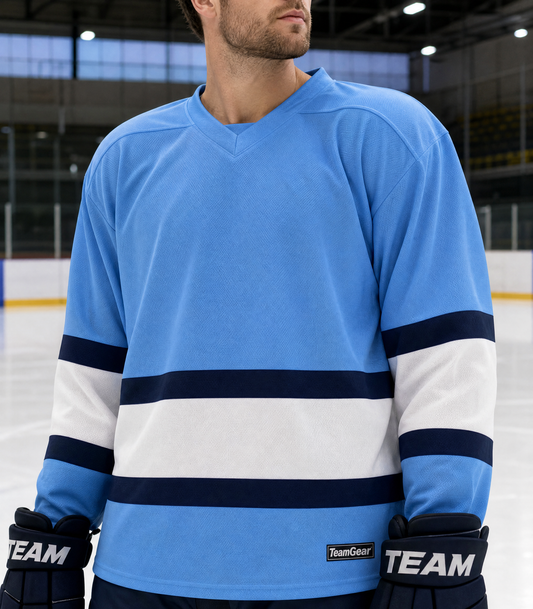 NHL Inspired Hockey Socks: Pittsburgh Penguins Powder Blue Winter Classic — custom hockey socks worn on model — TeamGear Canada