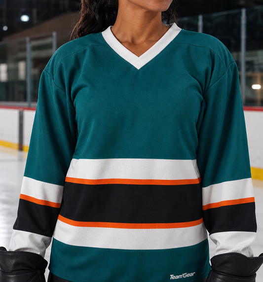 NHL Inspired Hockey Socks: San Jose Sharks Teal — custom hockey socks worn on model — TeamGear Canada