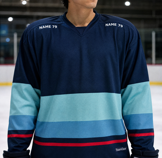 NHL Inspired Hockey Socks: Seattle Kraken Navy — custom hockey socks worn on model — TeamGear Canada