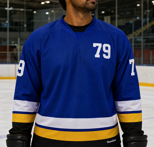 NHL Inspired Hockey Socks: St. Louis Blues Royal Blue — custom hockey socks worn on model — TeamGear Canada