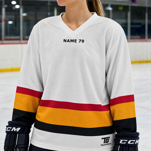 NHL Inspired Hockey Socks: Vancouver Canucks Retro White — custom hockey socks worn on model — TeamGear Canada