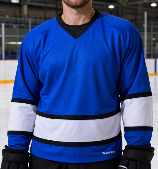 NHL Inspired Hockey Socks: Winnipeg Jets Alternate Blue — custom hockey socks worn on model — TeamGear Canada