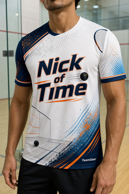 Nick of Time White Squash Jersey — custom squash jersey worn on model — TeamGear Canada
