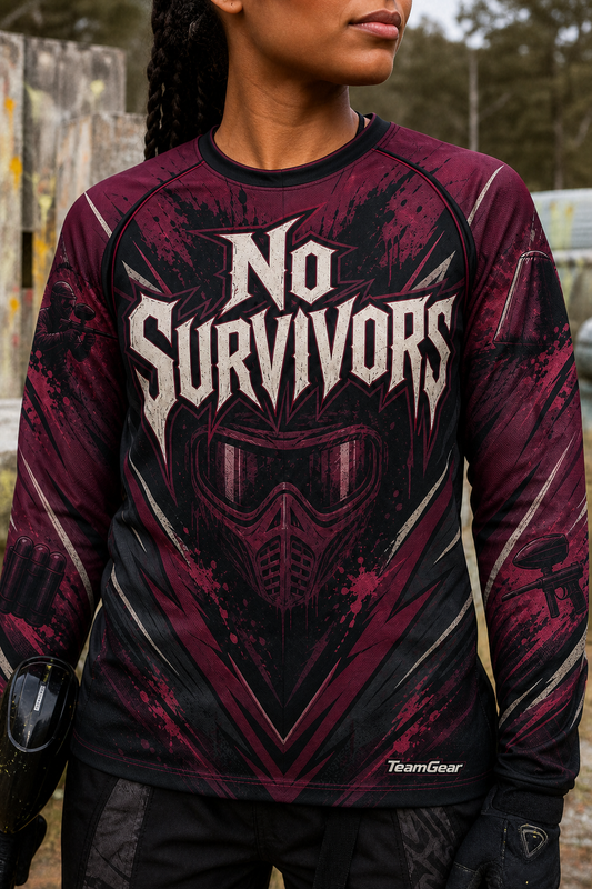 No Survivors Maroon Long Sleeve Paintball Jersey — custom paintball jersey worn on model — TeamGear Canada