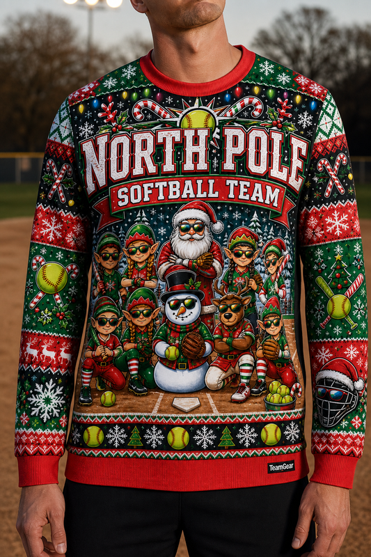 North Pole Softball Team Ugly Christmas Sweater — custom softball team apparel worn on model — TeamGear Canada
