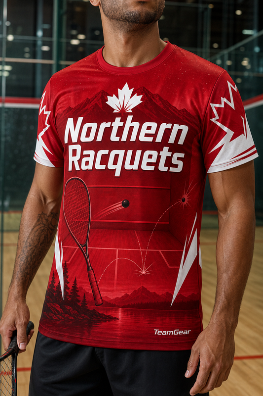Northern Racquets Crimson Squash Jersey — custom squash jersey worn on model — TeamGear Canada