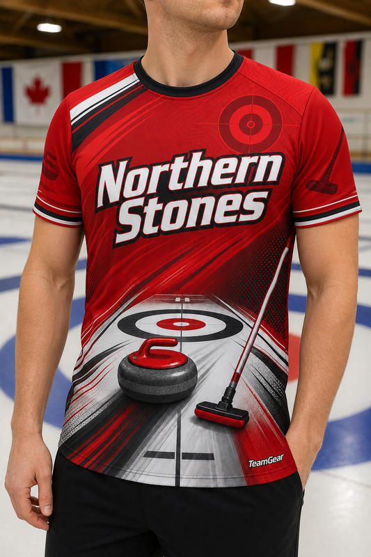Northern Stones Red Curling Jersey — custom curling jersey worn on model — TeamGear Canada
