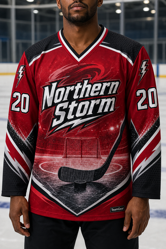 Northern Storm Crimson Hockey Jersey — custom hockey jersey worn on model — TeamGear Canada