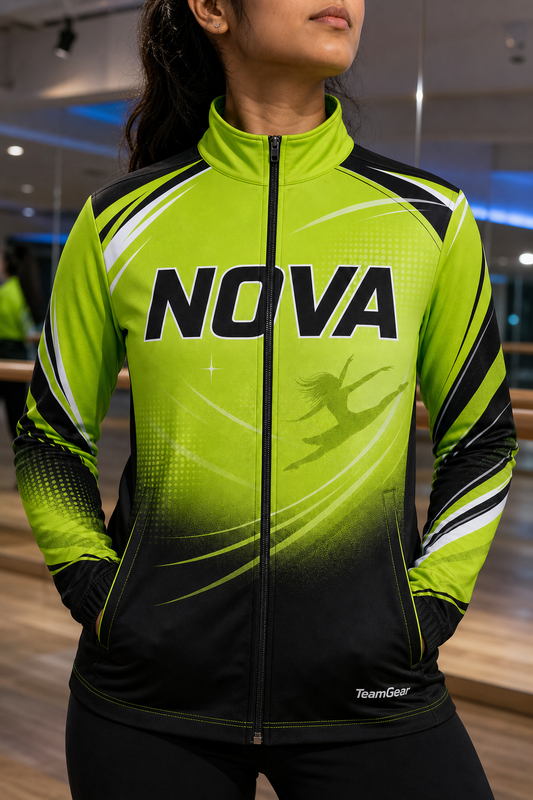 Nova Lime Dance Jacket — custom dance jacket worn on model — TeamGear Canada