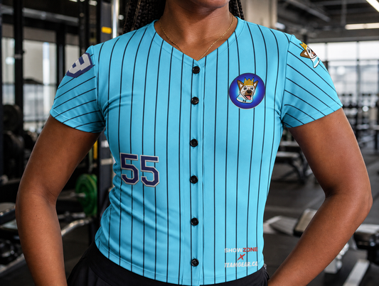 NutzyPoo Teal Jersey Full Button — custom jersey worn on model — TeamGear Canada