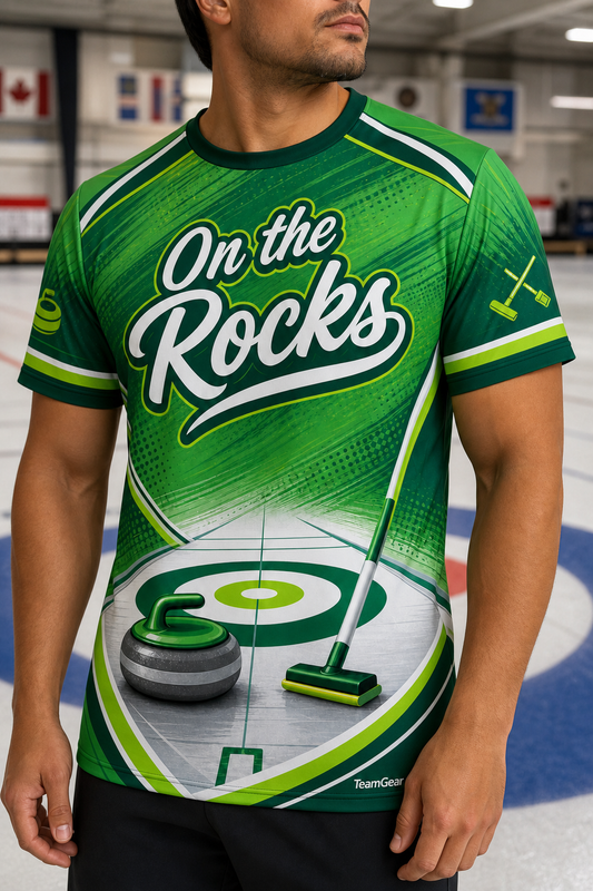 On the Rocks Green Curling Jersey — custom curling jersey worn on model — TeamGear Canada