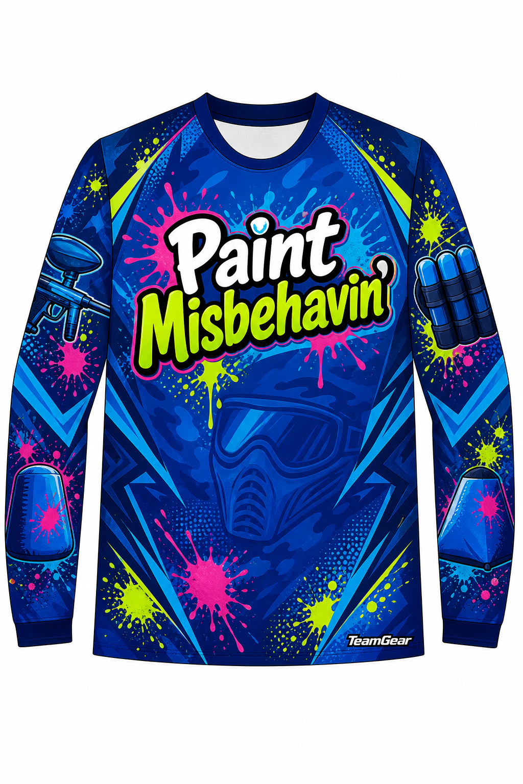 Paint Misbehavin' Blue Long Sleeve Paintball Jersey design