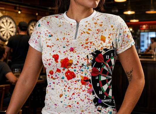 Paint Splatter Competitive Darts Jersey — custom darts jersey worn on model — TeamGear Canada