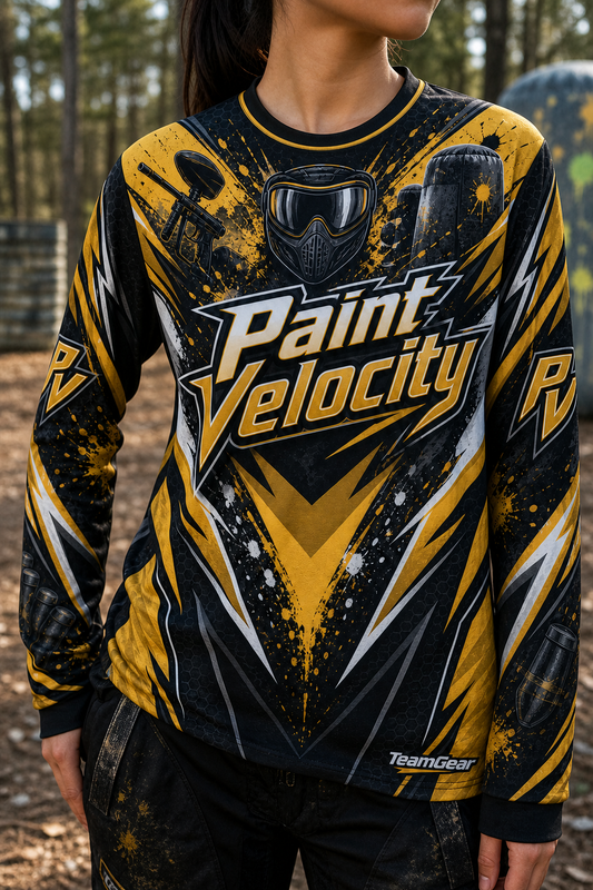 Paint Velocity Gold Long Sleeve Paintball Jersey — custom paintball jersey worn on model — TeamGear Canada