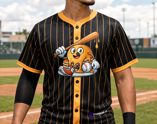 Pancake Batters Black Pinstripe Baseball Jersey — custom baseball jersey worn on model — TeamGear Canada
