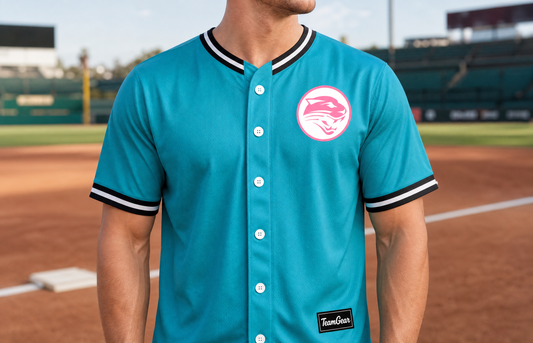 Panthers Teal Baseball Jersey Full Button — custom baseball jersey worn on model — TeamGear Canada