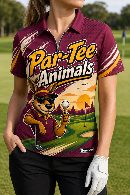 Par-Tee Animals Maroon Golf Polo — custom golf team apparel worn on model — TeamGear Canada