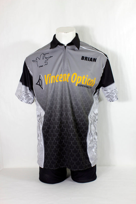 custom shooting zip neck full sublimation jersey made in Canada, crew neck, and button neck and hoodies also available