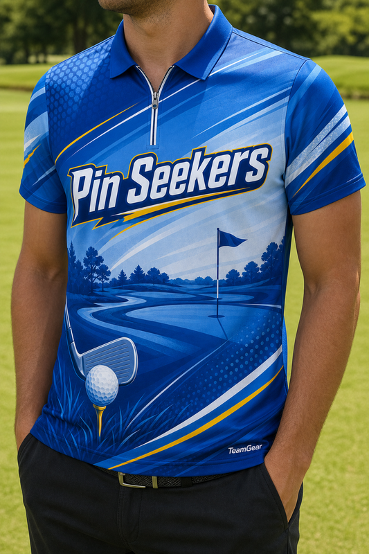 Pin Seekers Blue Golf Polo — custom golf team apparel worn on model — TeamGear Canada