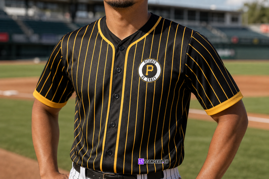 Pitches Be Crazy Black Pinstripe Baseball Jersey Full Button — custom baseball jersey worn on model — TeamGear Canada