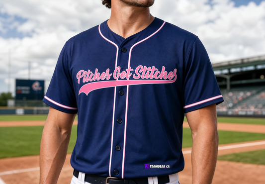 Pitches Get Stitches Navy Blue Baseball Jersey Full Button — custom baseball jersey worn on model — TeamGear Canada