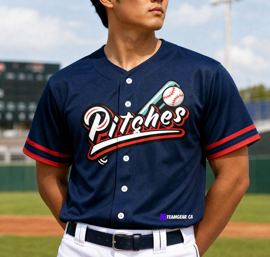 Pitches Navy Baseball Jersey Full Button — custom baseball jersey worn on model — TeamGear Canada