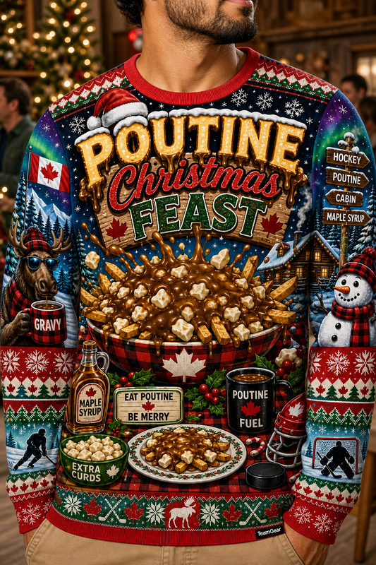 Poutine Christmas Feast Ugly Christmas Sweater — custom christmas team apparel worn on model — TeamGear Canada