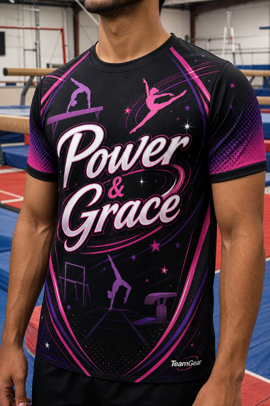 Power & Grace Black Gymnastics Jersey — custom gymnastics jersey worn on model — TeamGear Canada