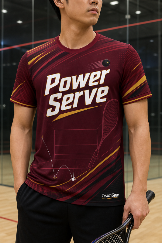 Power Serve Maroon Squash Jersey — custom squash jersey worn on model — TeamGear Canada