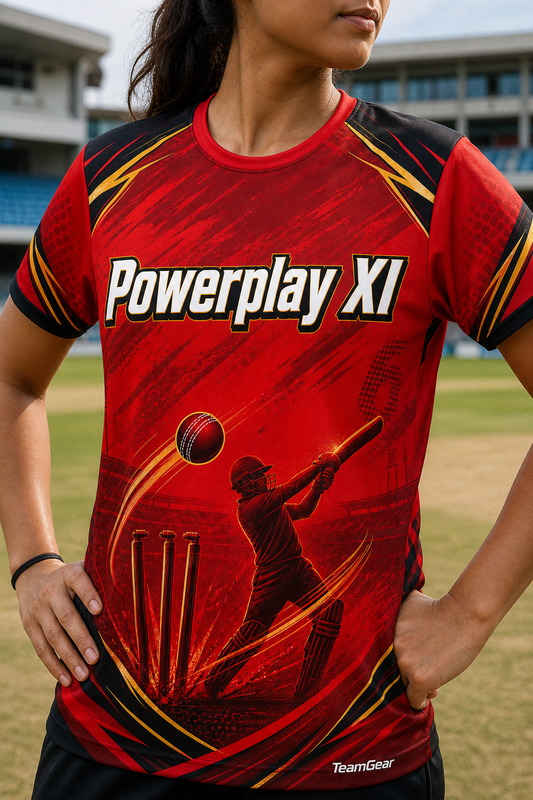 Powerplay XI Red Cricket Jersey — custom cricket jersey worn on model — TeamGear Canada