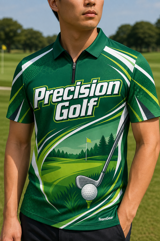 Precision Golf Green Golf Polo — custom golf team apparel worn on model — TeamGear Canada