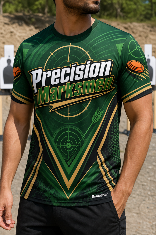 Precision Marksmen Green Shooting Jersey — custom shooting jersey worn on model — TeamGear Canada