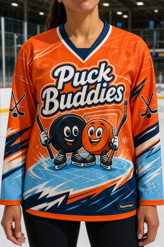 Puck Buddies Orange Hockey Jersey — custom hockey jersey worn on model — TeamGear Canada