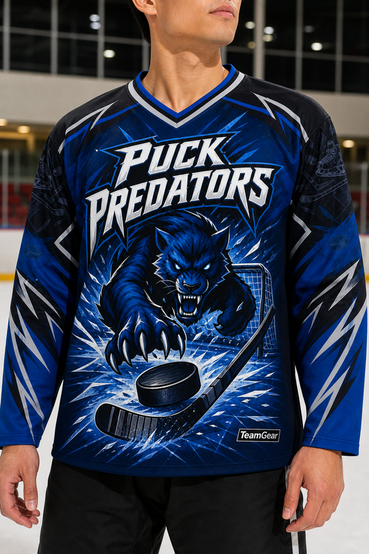 Puck Predators Blue Hockey Jersey — custom hockey jersey worn on model — TeamGear Canada