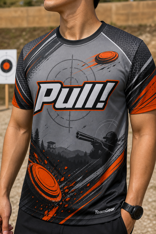 Pull! Grey Shooting Jersey — custom shooting jersey worn on model — TeamGear Canada
