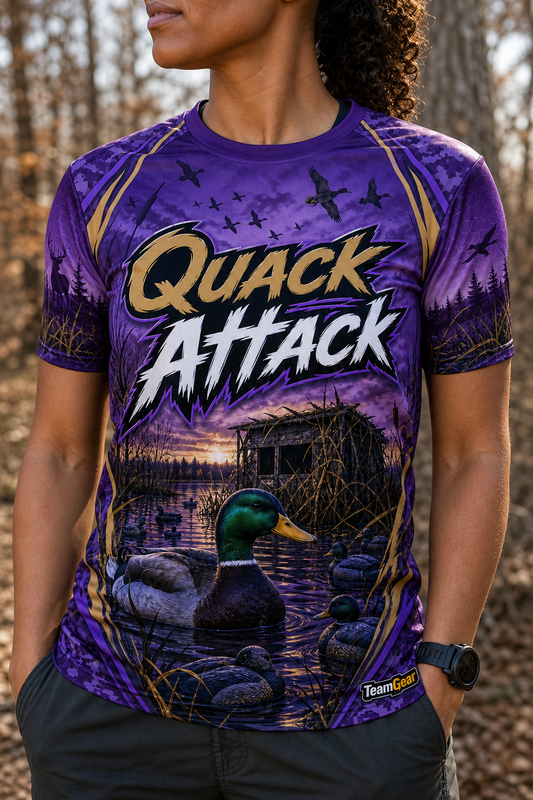 Quack Attack Purple Hunting Jersey — custom hunting jersey worn on model — TeamGear Canada