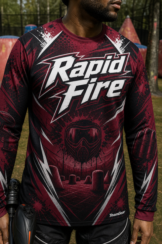 Rapid Fire Maroon Long Sleeve Paintball Jersey — custom paintball jersey worn on model — TeamGear Canada