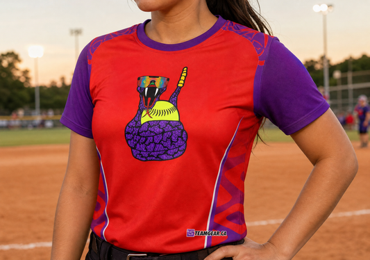 Rattlesnakes Red Softball Jersey — custom softball jersey worn on model — TeamGear Canada