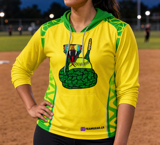 Rattlesnakes Yellow Softball Hoodie — custom softball hoodie worn on model — TeamGear Canada