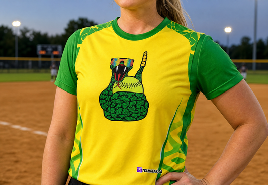 Rattlesnakes Yellow Softball Jersey — custom softball jersey worn on model — TeamGear Canada