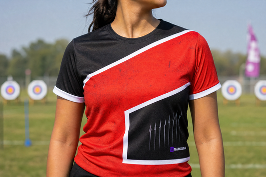 Red Arrow Archery Jersey — custom archery jersey worn on model — TeamGear Canada