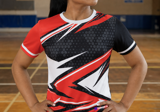 Red Dodgeball Jersey — custom dodgeball jersey worn on model — TeamGear Canada