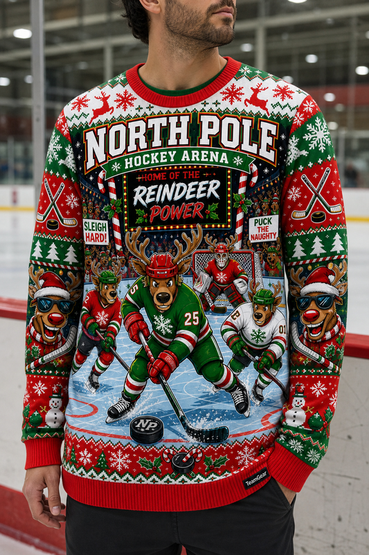 Reindeer Playing Hockey Ugly Christmas Sweater — custom hockey team apparel worn on model — TeamGear Canada