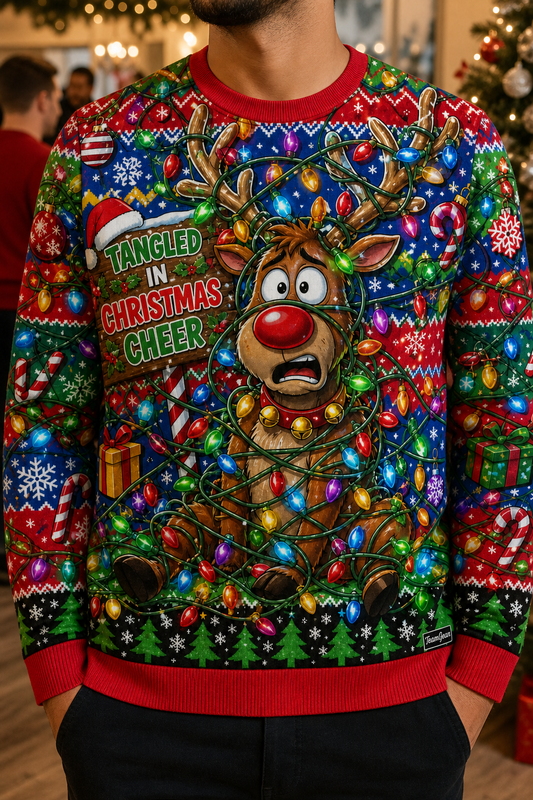 Reindeer Tangled in Christmas Lights Ugly Christmas Sweater — custom christmas team apparel worn on model — TeamGear Canada