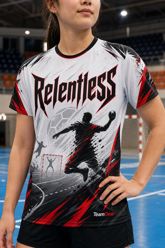 Relentless White Handball Jersey — custom handball jersey worn on model — TeamGear Canada